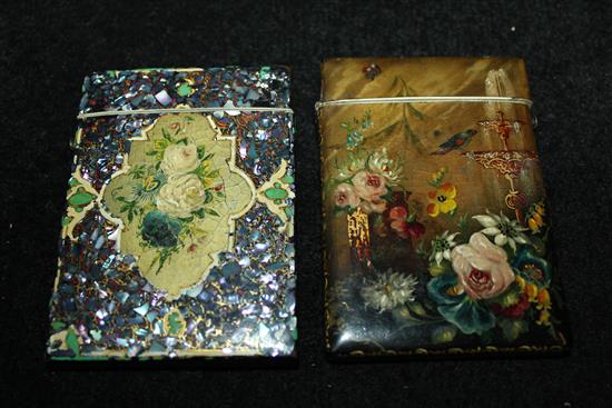 Victorian paper mache card case, painted bird, fountain & flowers & another painted flower panels with shell inlay (faults)